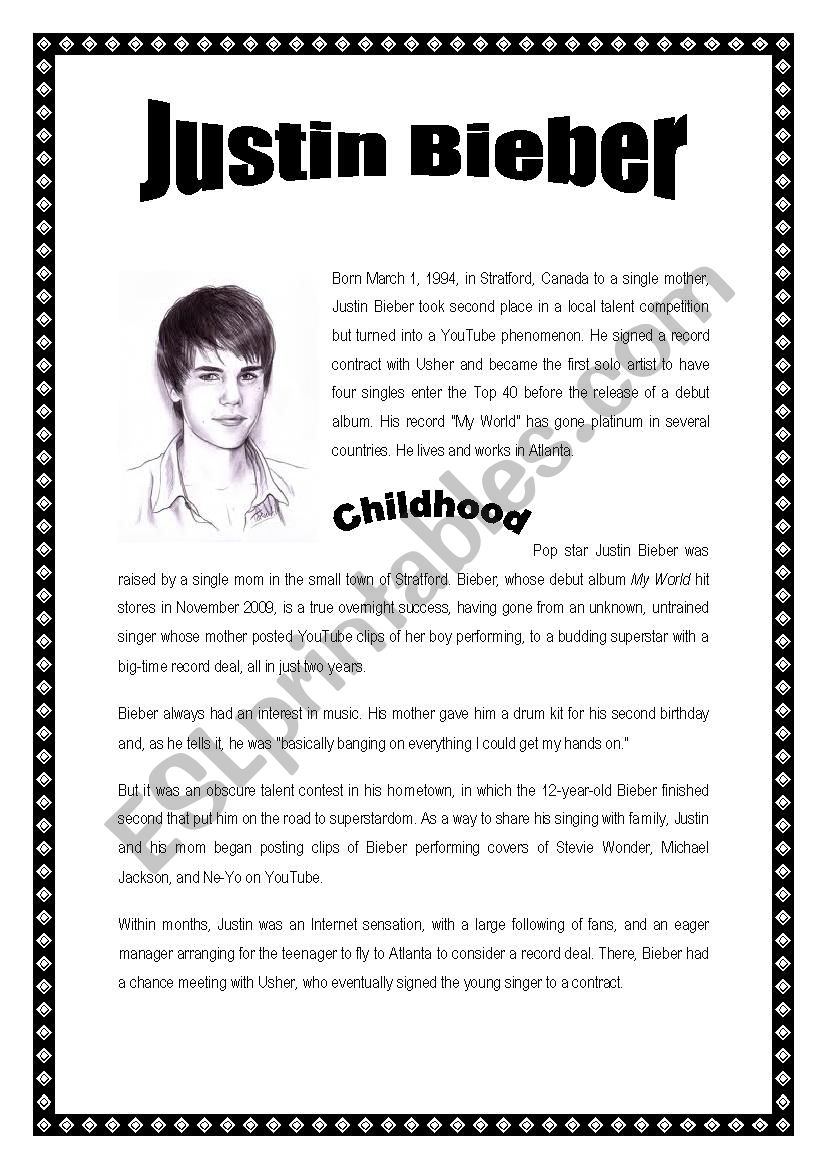 Justin Bieber Reading Comprehension ESL Worksheet By Baronesa