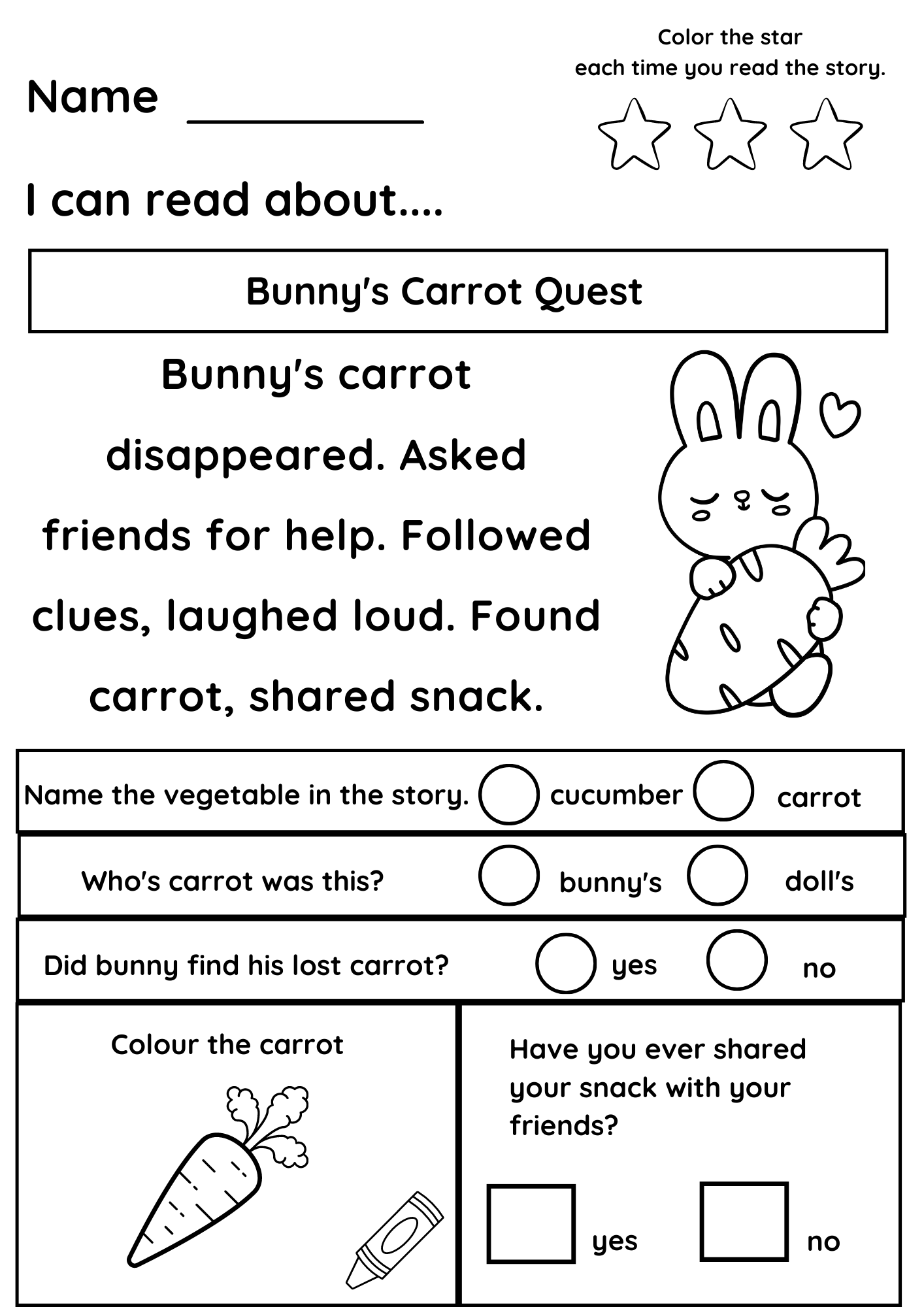 Reading Comprehension Worksheet For Kindergarten Printable