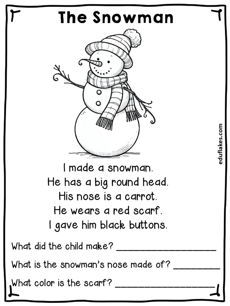Kindergarten Winter Reading Comprehension Free PDF Eduflakes
