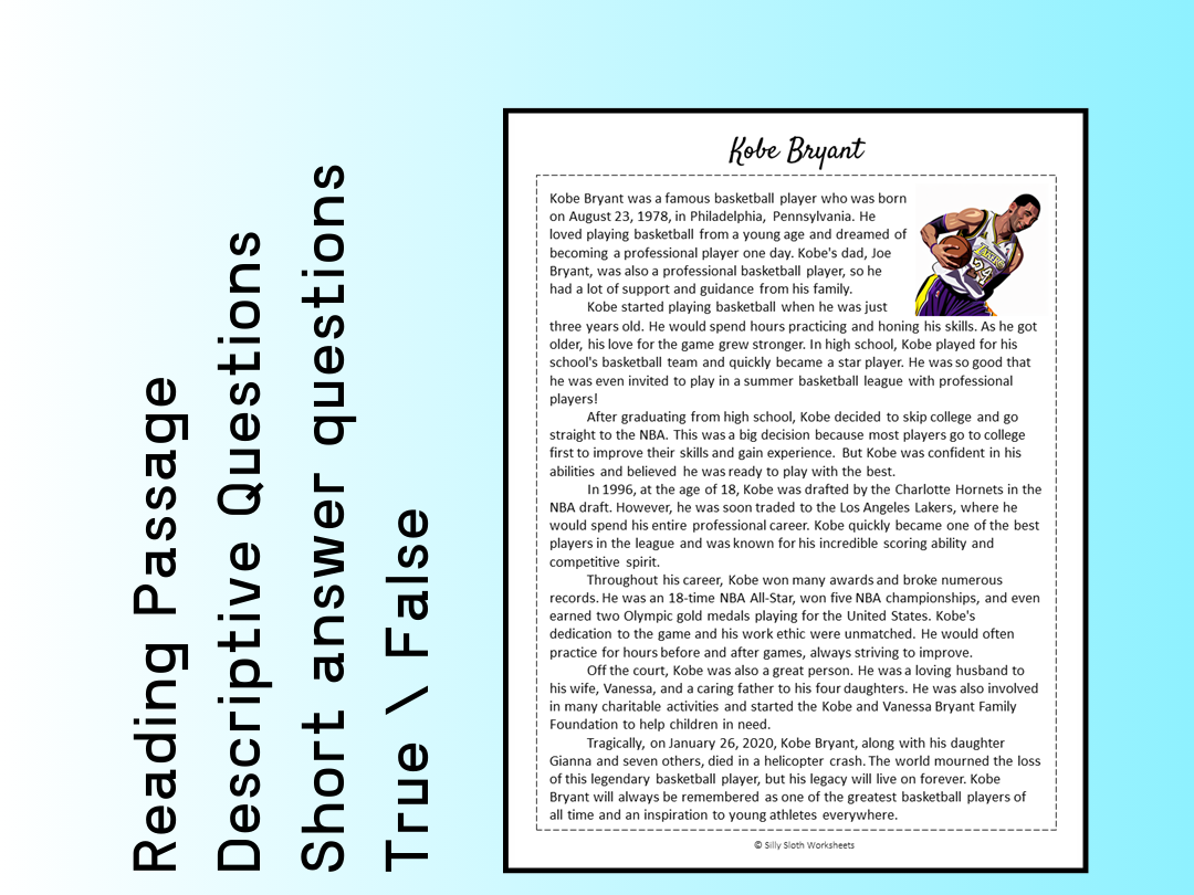 Kobe Bryant Biography Reading Comprehension Passage Printable Worksheet PDF Teaching Resources