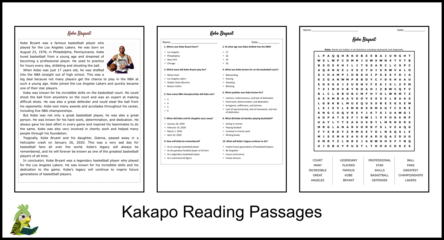 Kobe Bryant Reading Comprehension And Word Search Teaching Resources