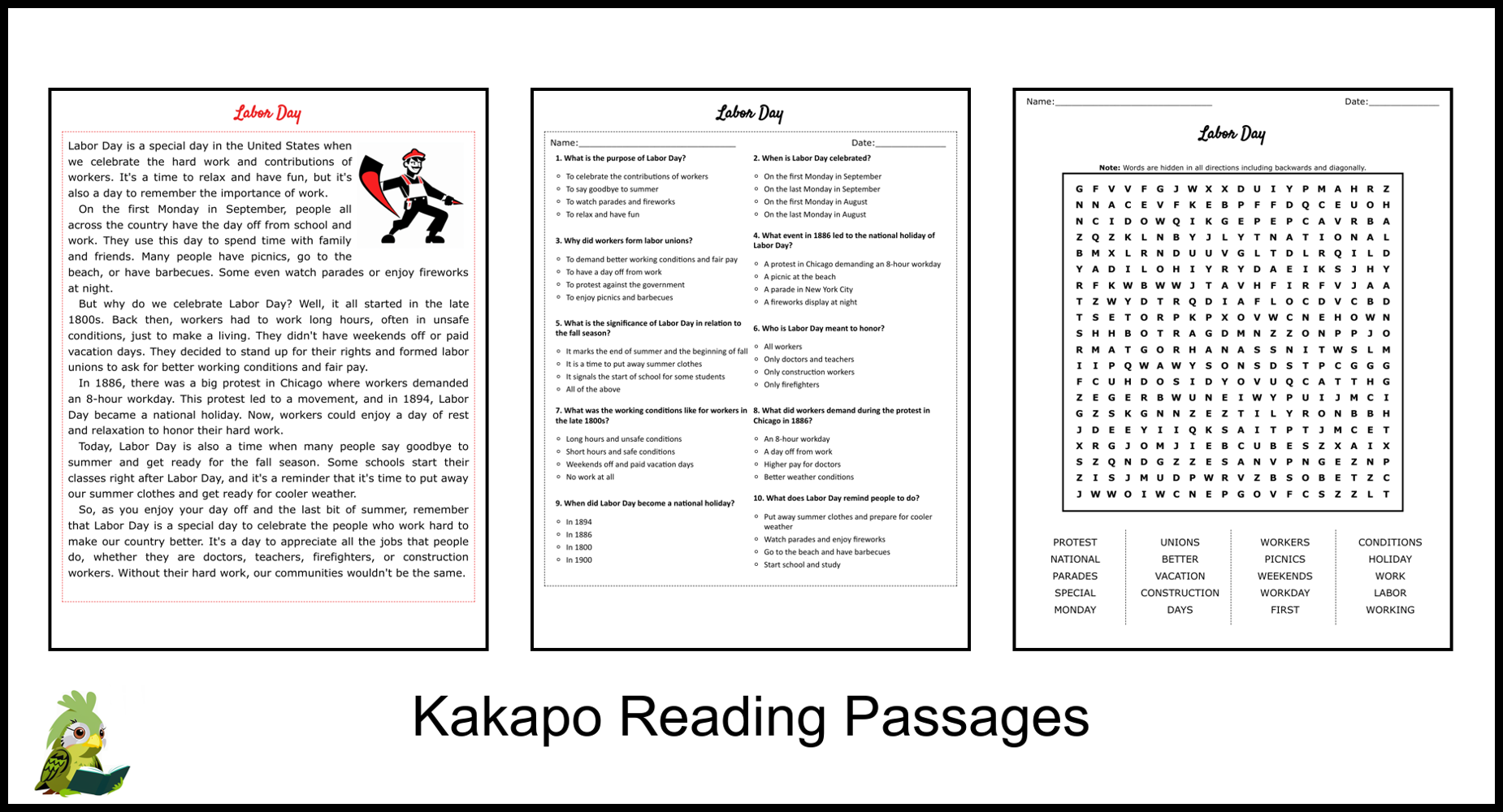 Labor Day Reading Comprehension Worksheets Pdf