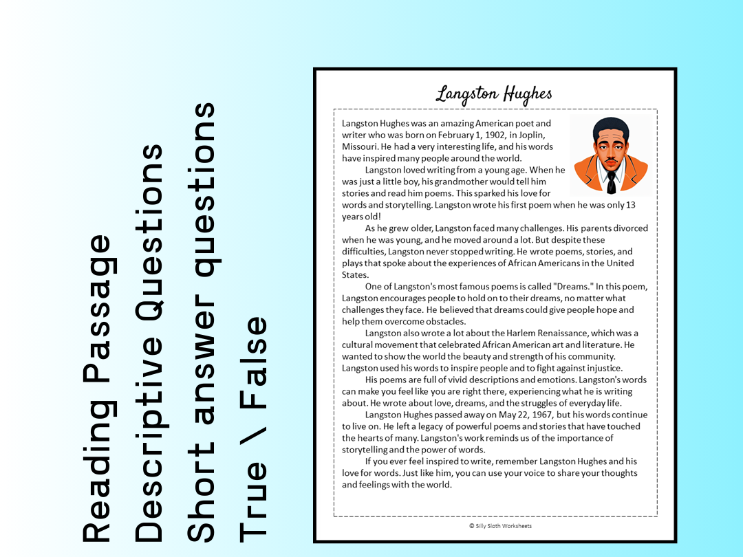 Langston Hughes Biography Reading Comprehension Passage Printable 