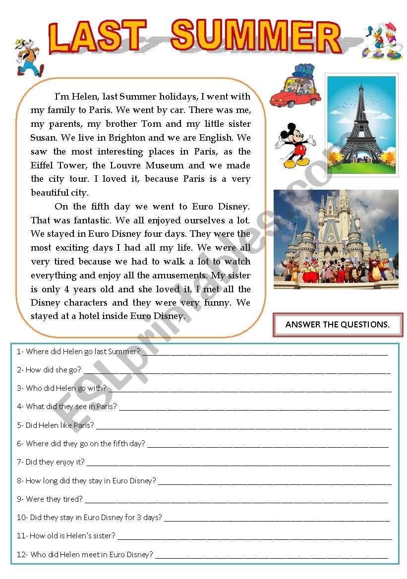 LAST SUMMER READING AND COMPREHENSION ESL Worksheet By Sandytita