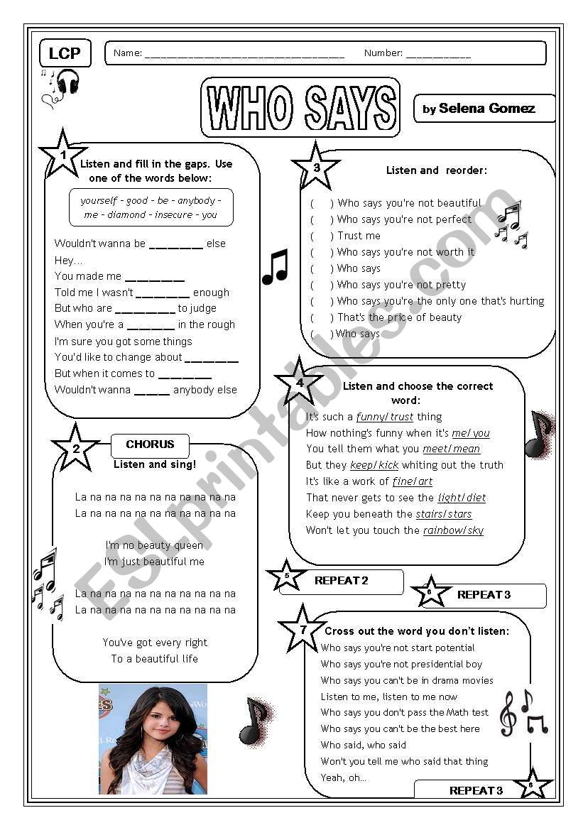 Selena Gomez Reading Comprehension Worksheet