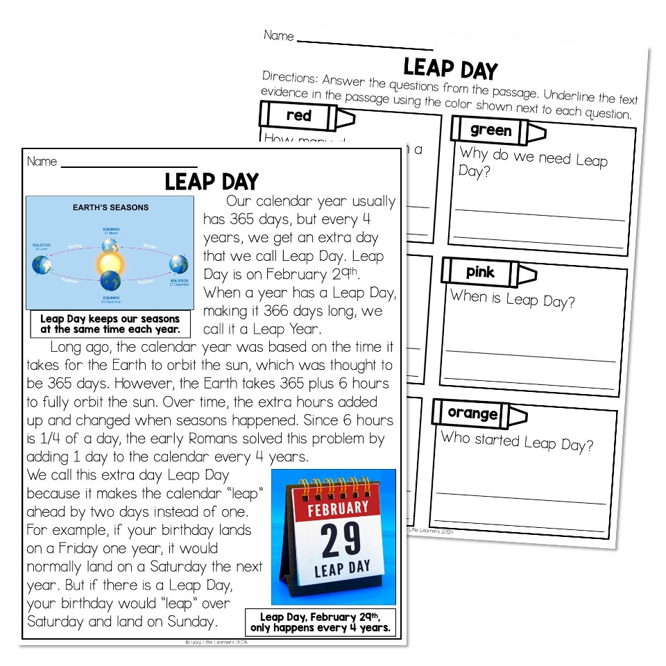 Leap Year Leap Day Reading Passage And Questions Leap Day Lucky Little Learners
