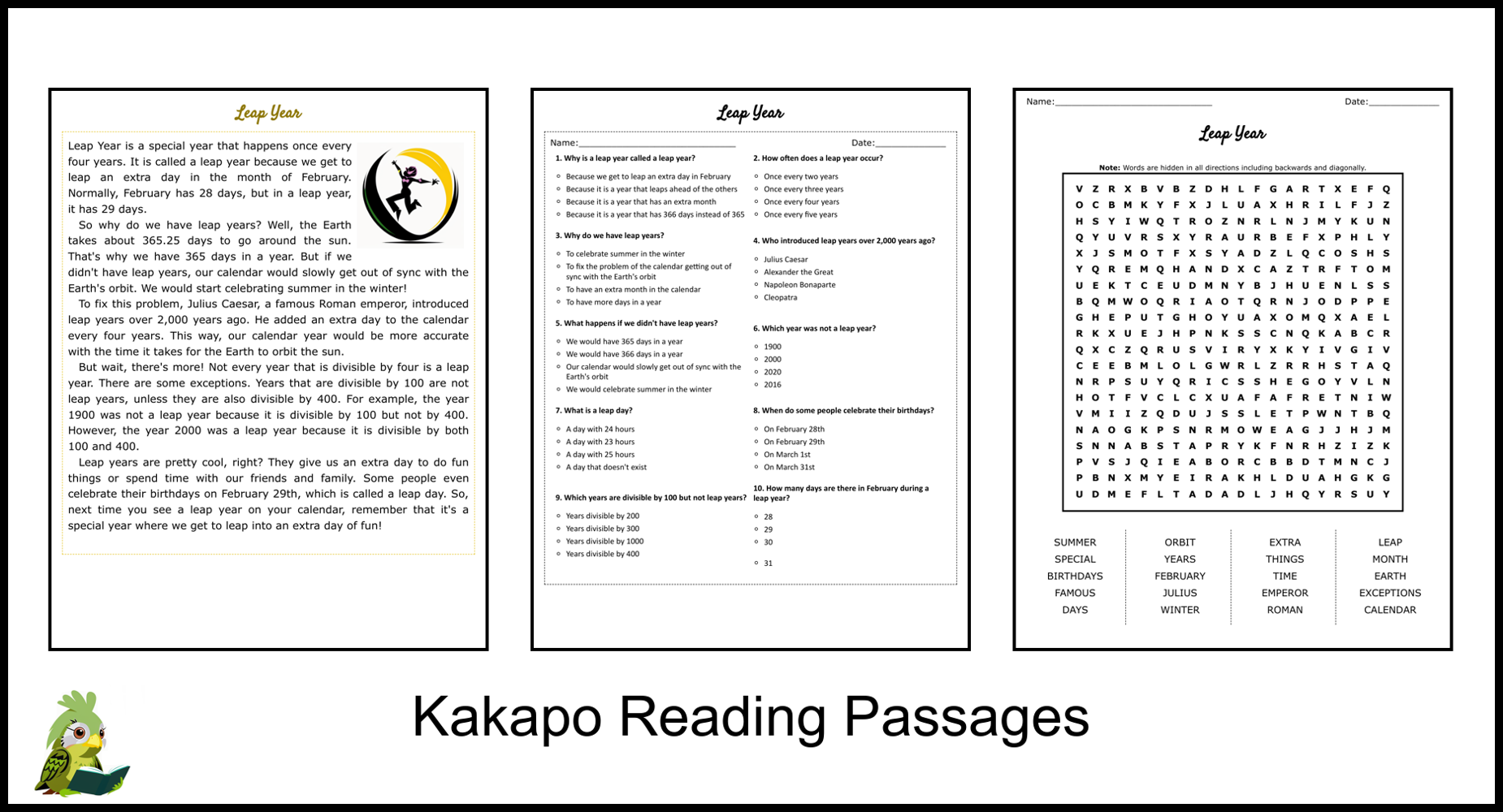 Leap Year Reading Comprehension And Word Search Teaching Resources