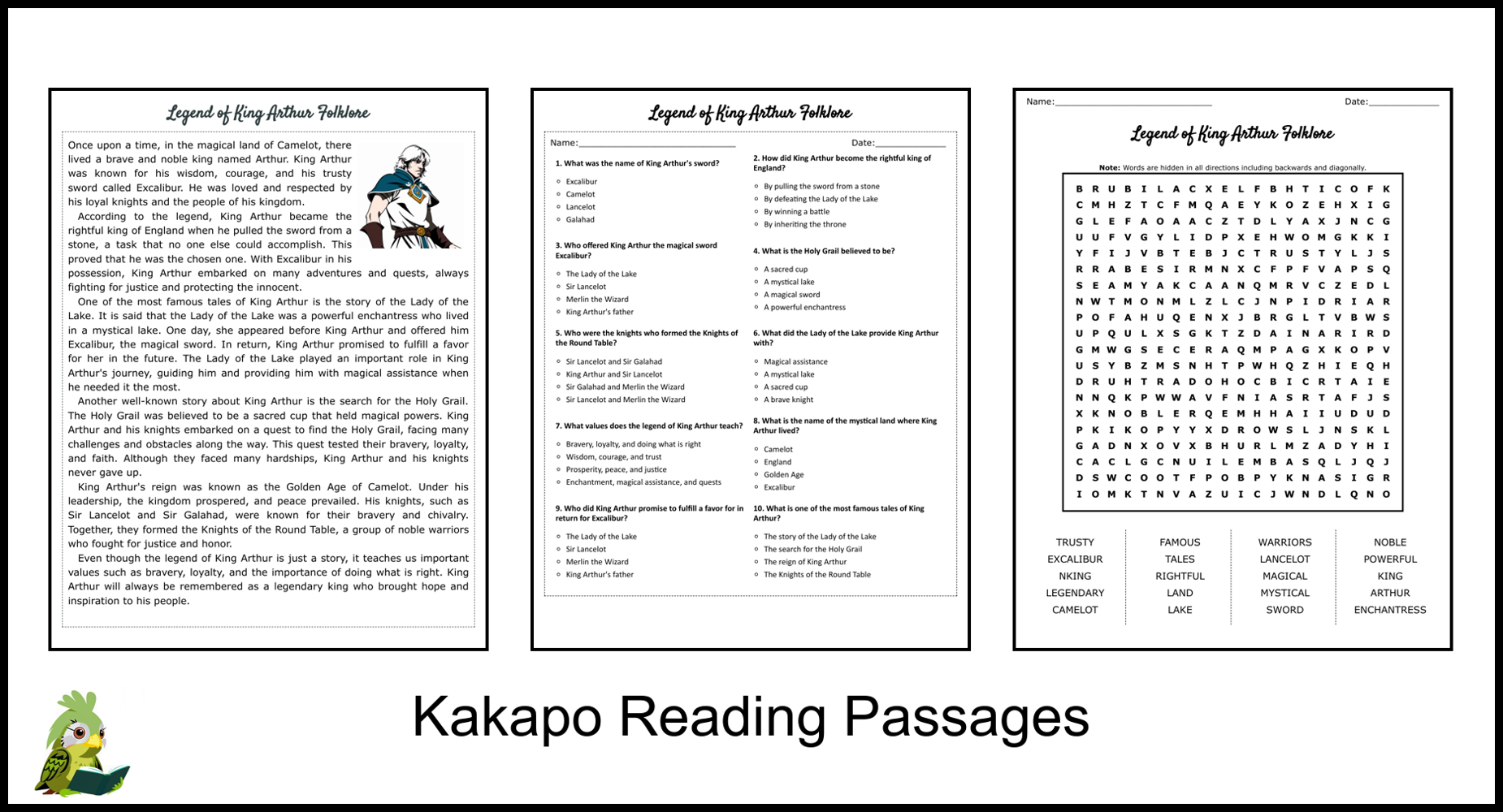 Legend Of King Arthur Folklore Reading Comprehension And Word 