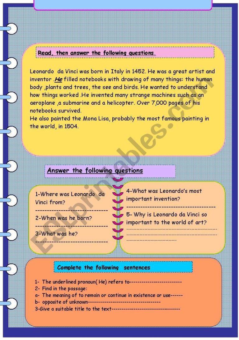Leonardo Da Vinci Reading Comprehension ESL Worksheet By Najati