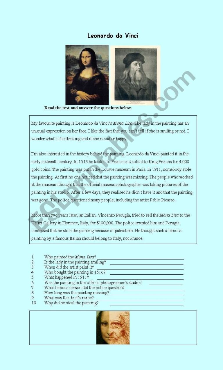 Leonardo Da Vinci s Mona Lisa ESL Worksheet By Jolezu