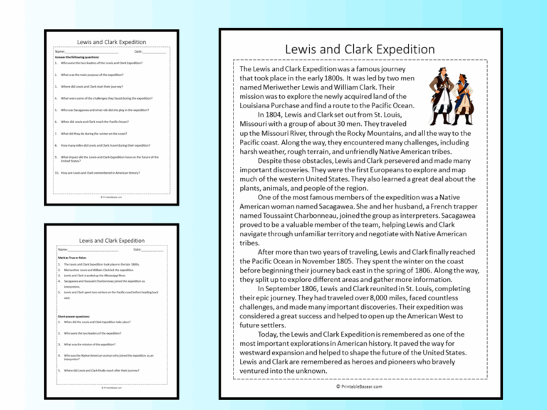 Lewis And Clark Expedition Reading Comprehension Passage Printable Worksheet Teaching Resources