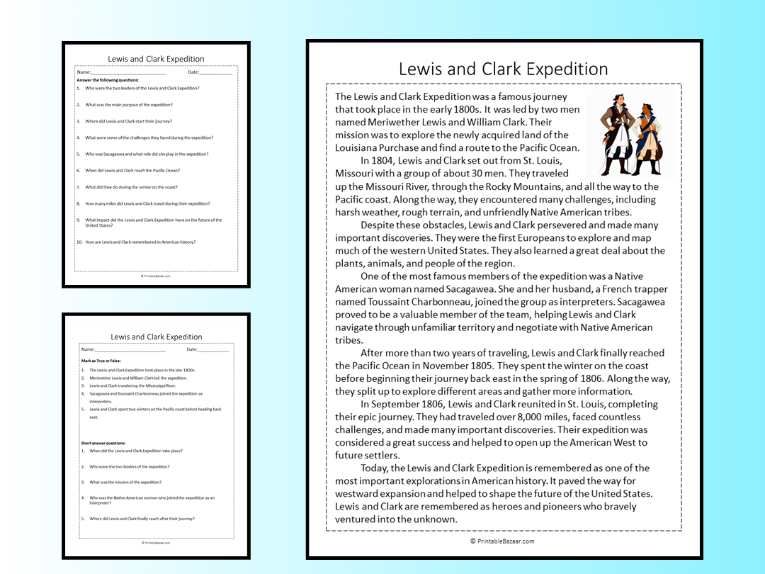 Lewis And Clark Expedition Reading Comprehension Passage Printable Worksheet Teaching Resources