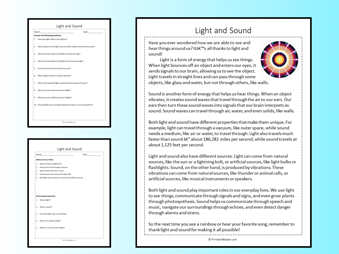 Light And Sound Reading Comprehension Passage Printable Worksheet Teaching Resources