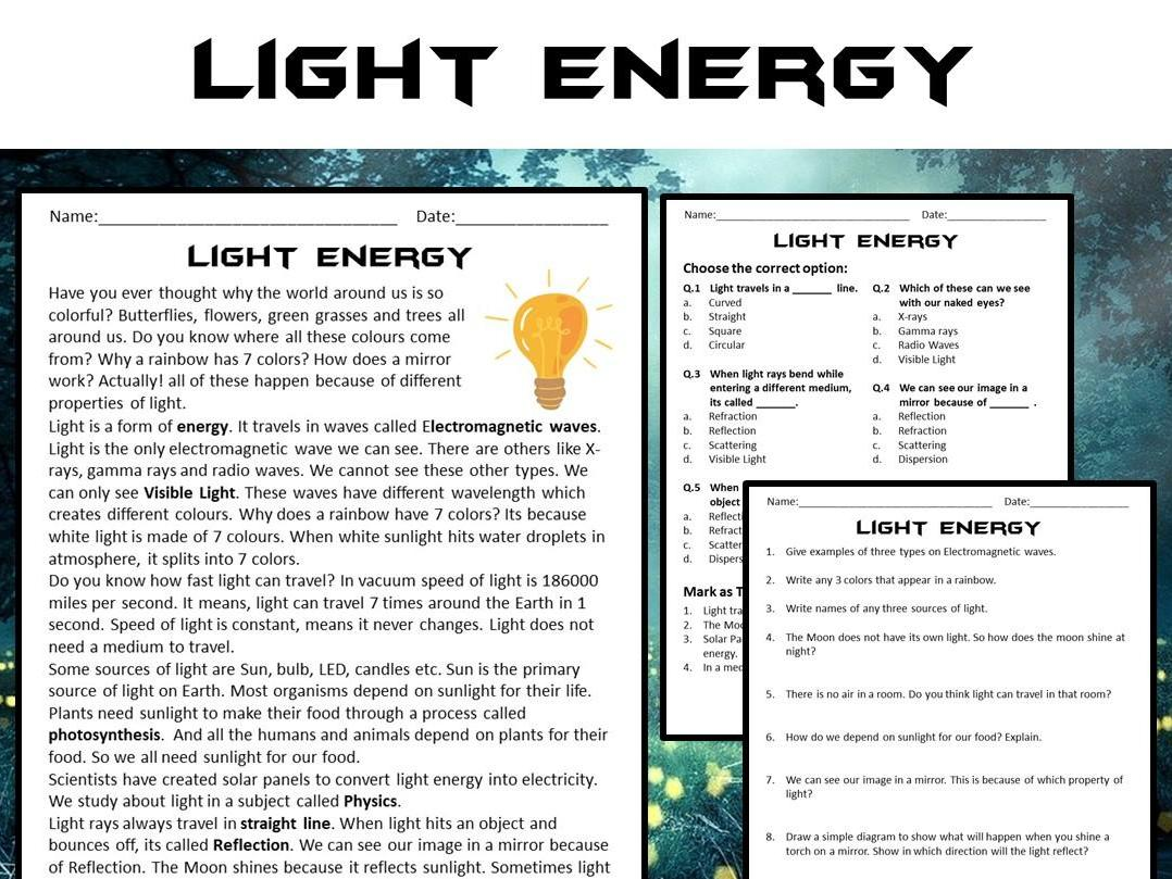 Light Energy Reading Comprehension Passage And Questions PDF Teaching Resources