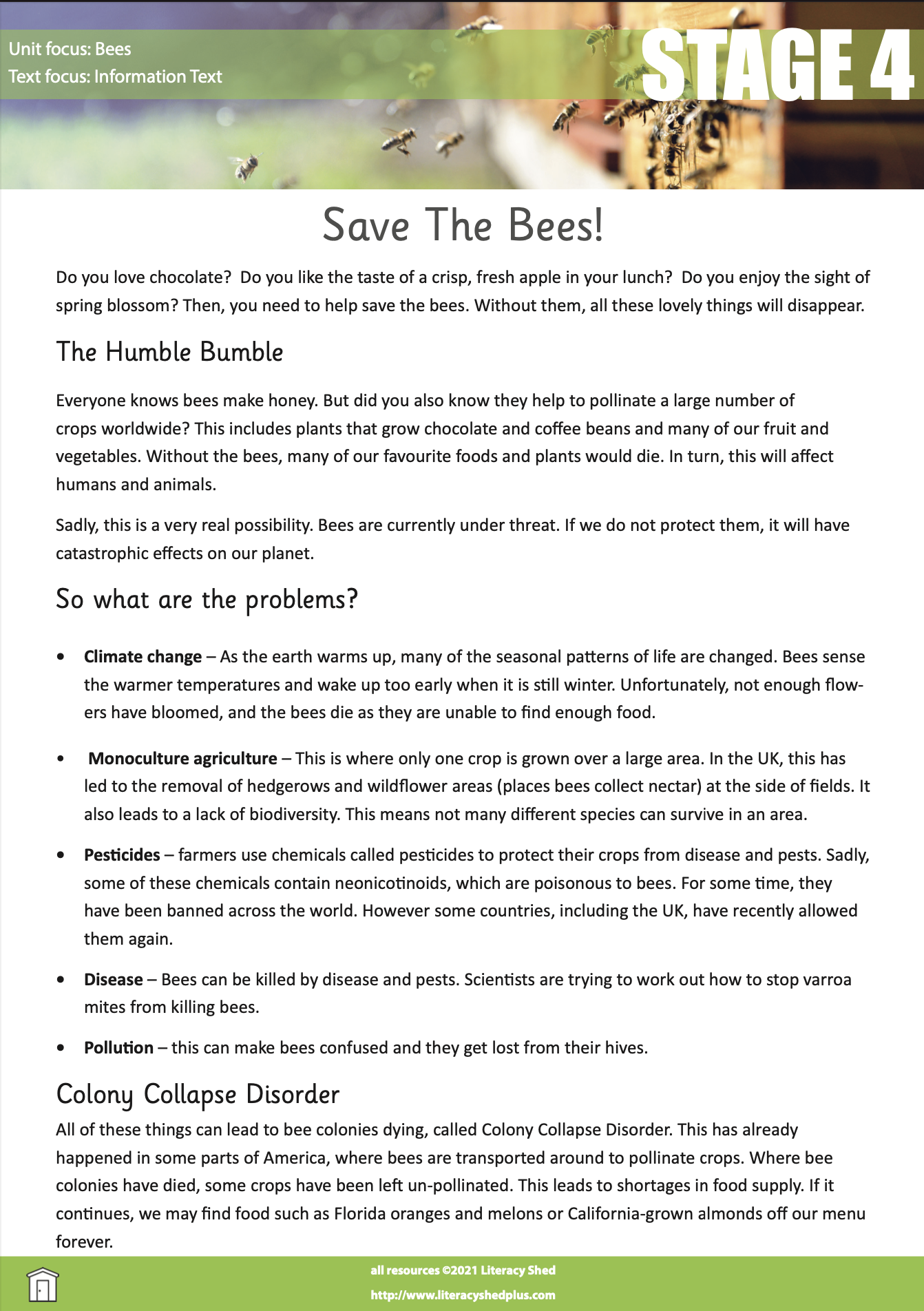 Literacy Shed Plus LitShed Resource Save The Bees Stage 4 Comprehension