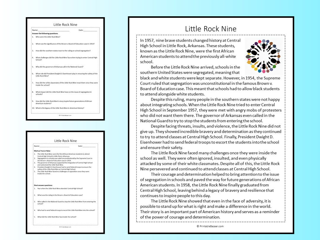 Little Rock Nine Reading Comprehension Passage Printable Worksheet 
