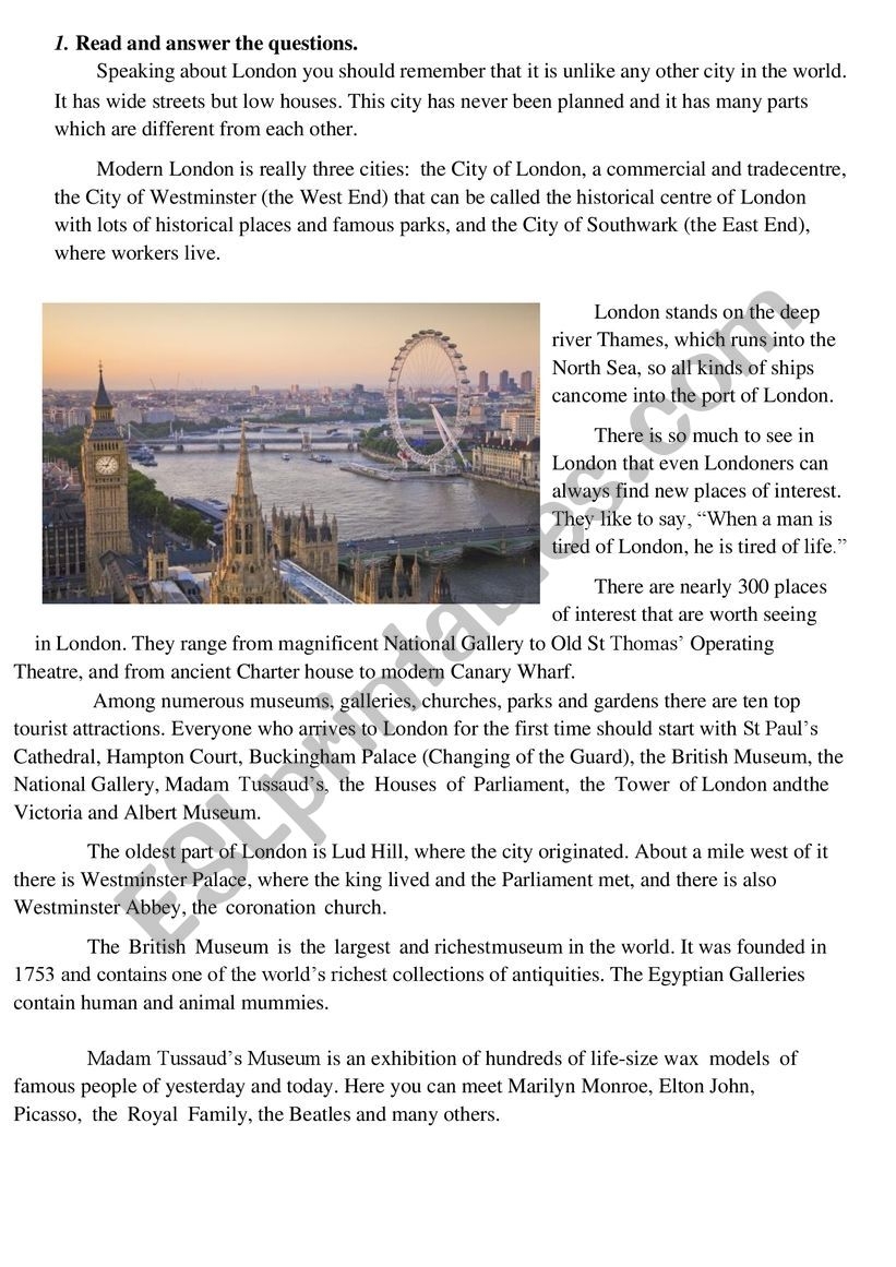London Reading Comprehension ESL Worksheet By Irinka9951