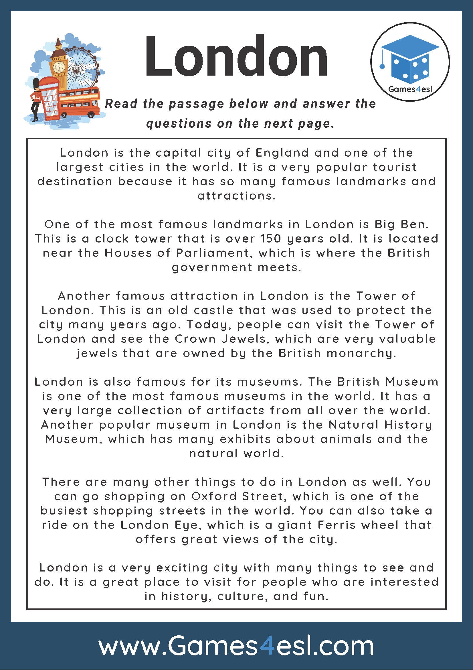 London Reading Comprehension Worksheet Games4esl