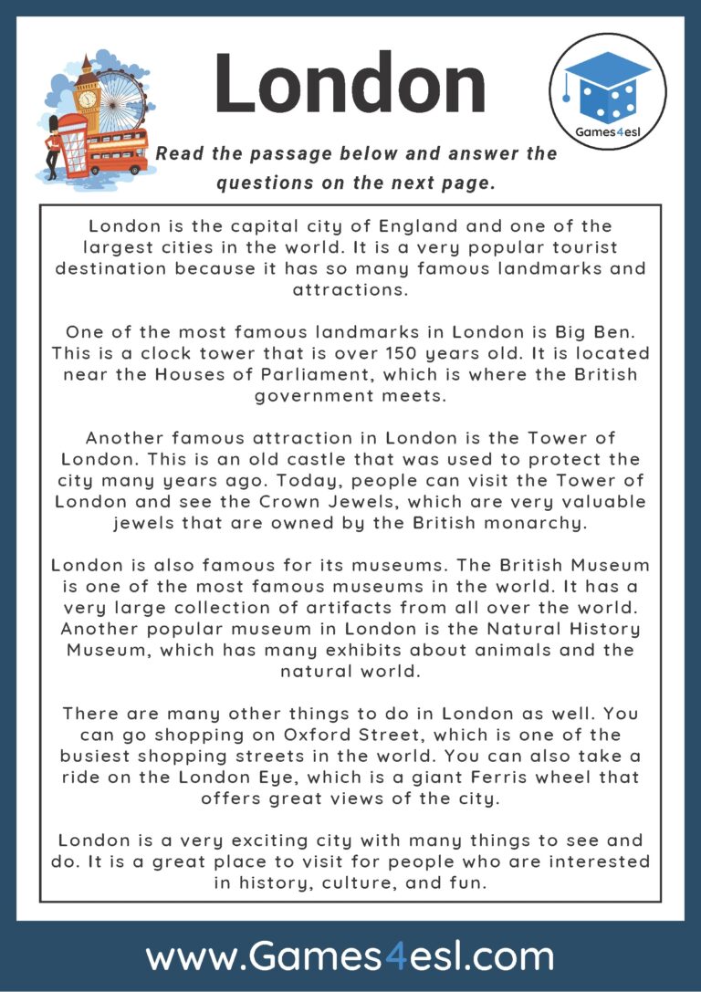 London Reading Comprehension Worksheet Games4esl