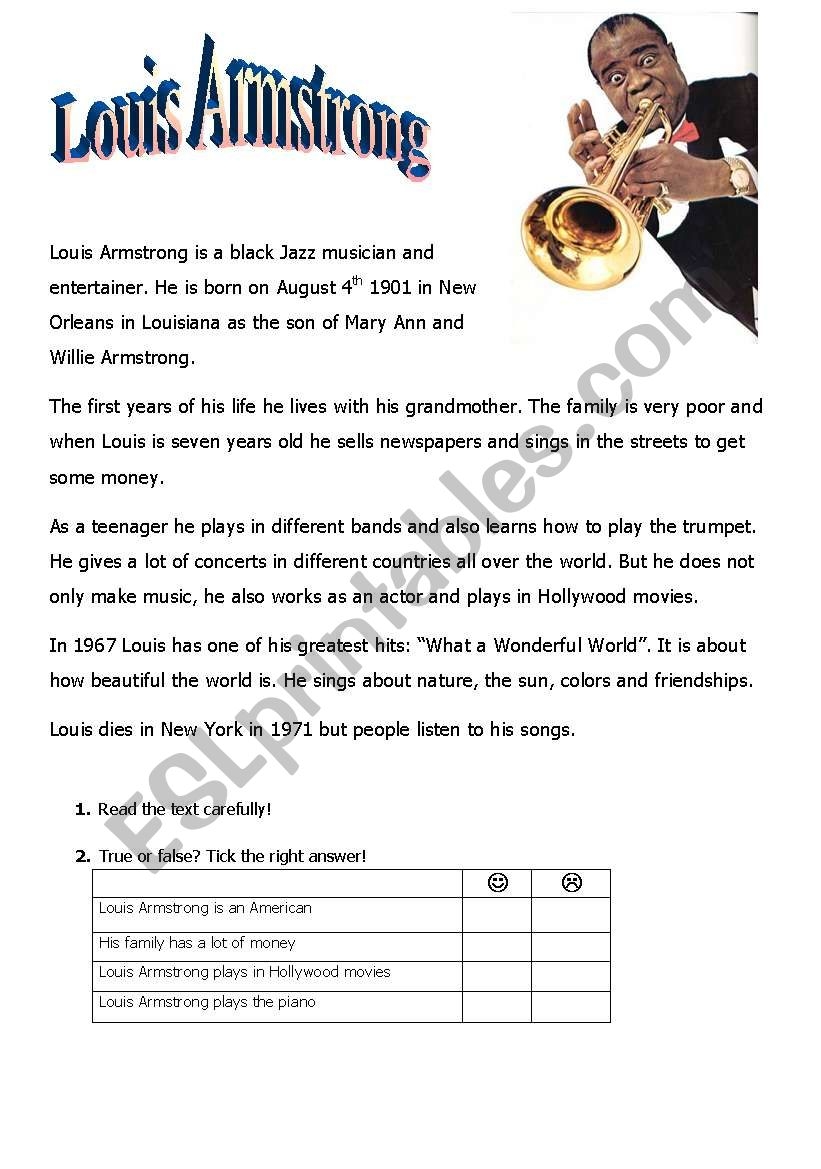 Louis Armstrong ESL Worksheet By Biiiene