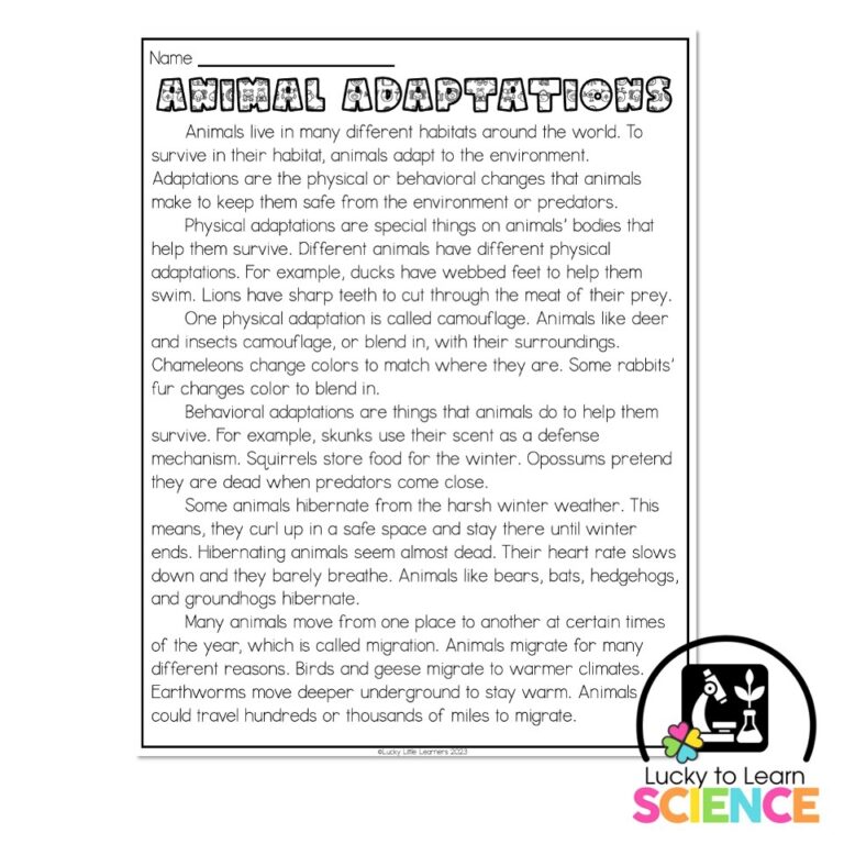Lucky To Learn Science Animal Adaptations Reading Passage Article Lucky Little Learners