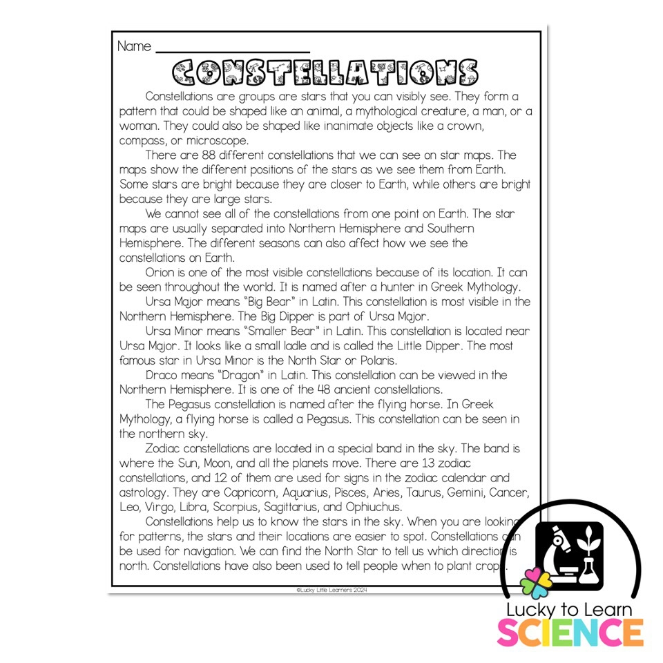 Lucky To Learn Science Constellations Reading Passage Article Lucky Little Learners