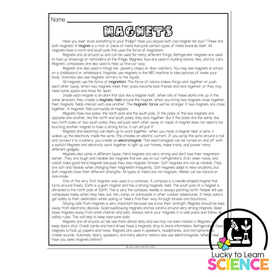 Lucky To Learn Science Magnets Reading Passage Article Lucky Little Learners