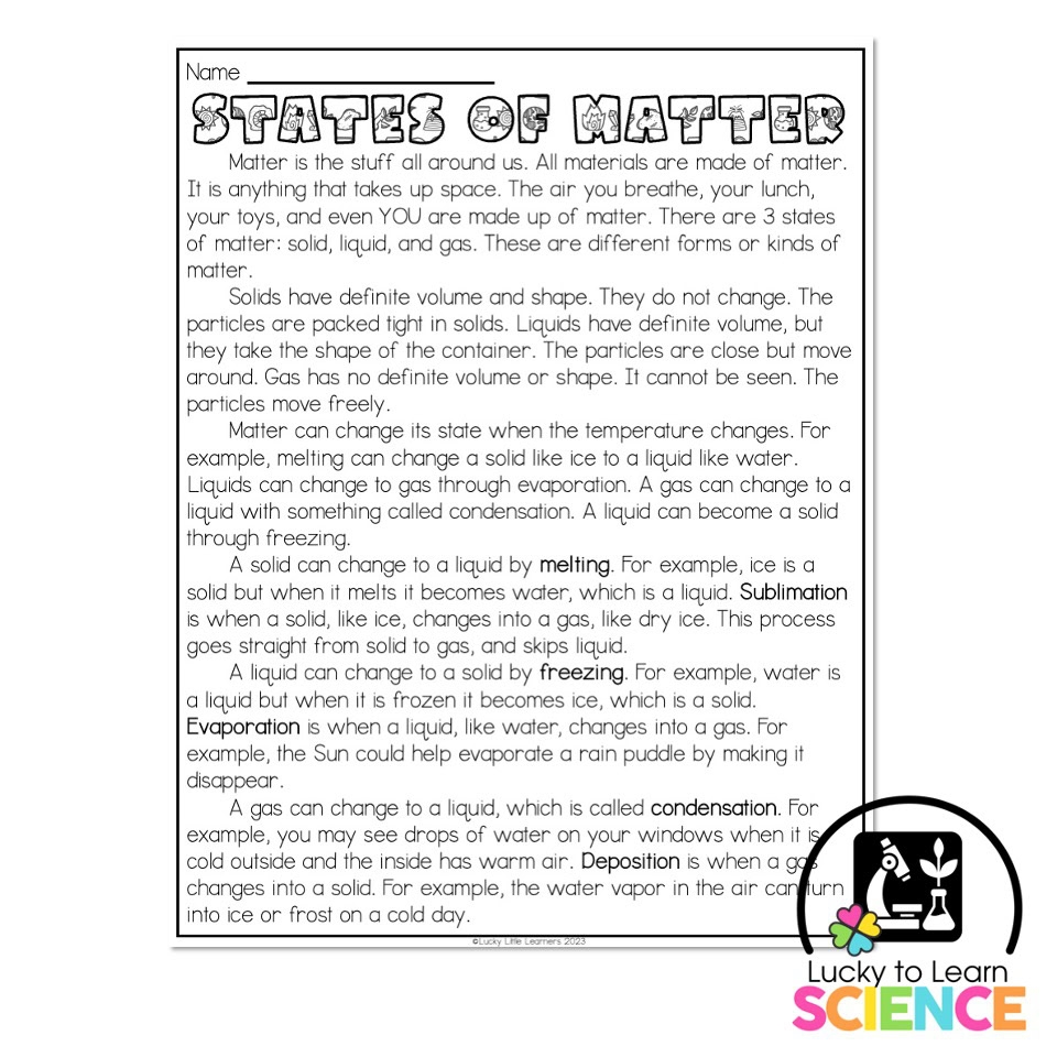 Lucky To Learn Science States Of Matter Reading Passage Article Lucky Little Learners