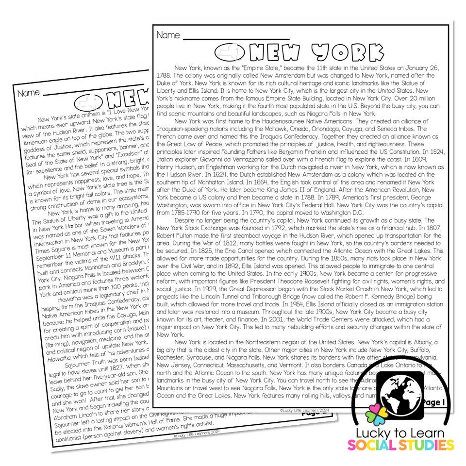 Lucky To Learn Social Studies US States New York Reading Passage Lucky Little Learners