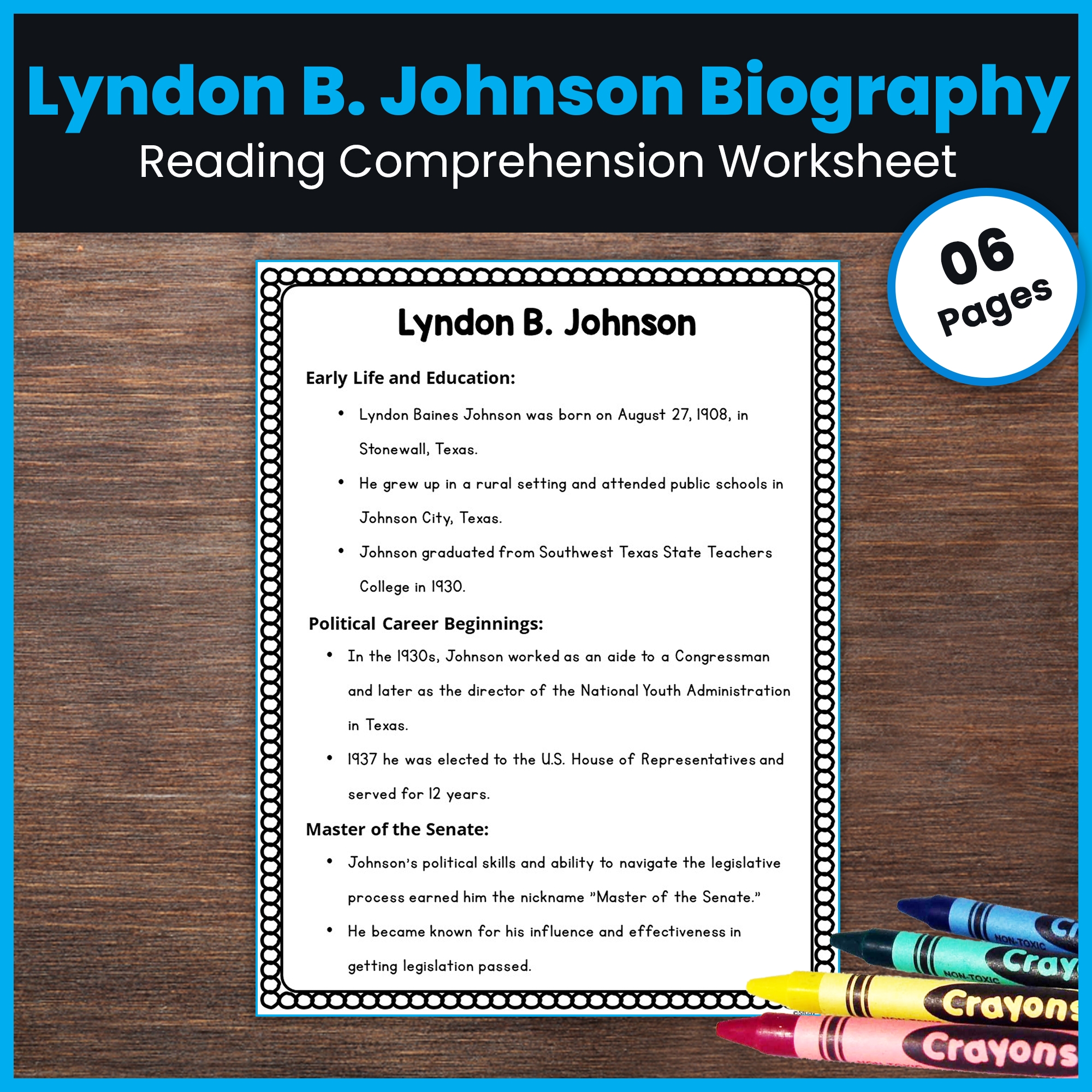 Lyndon B Johnson Biography Reading Comprehension 1960s 