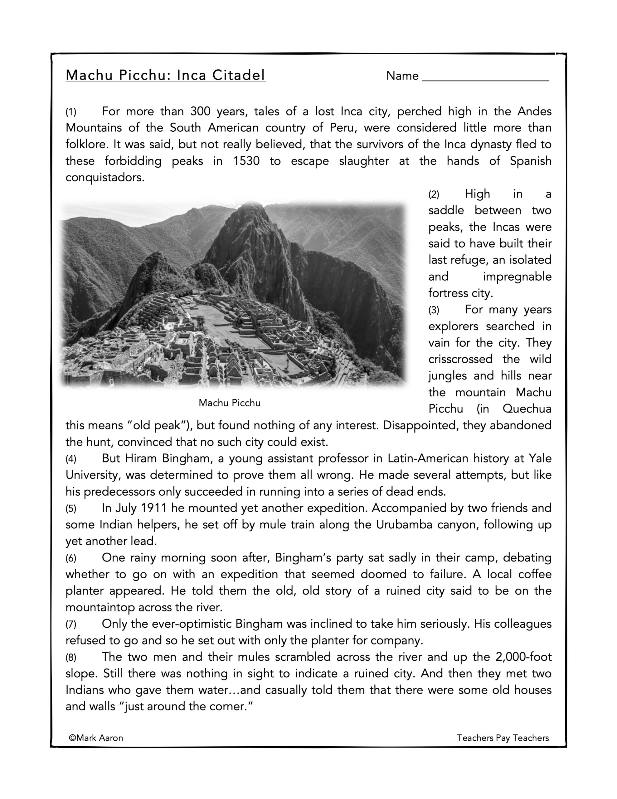 Machu Picchu Inca Citadel Reading Comprehension Passage And Assessment Classful