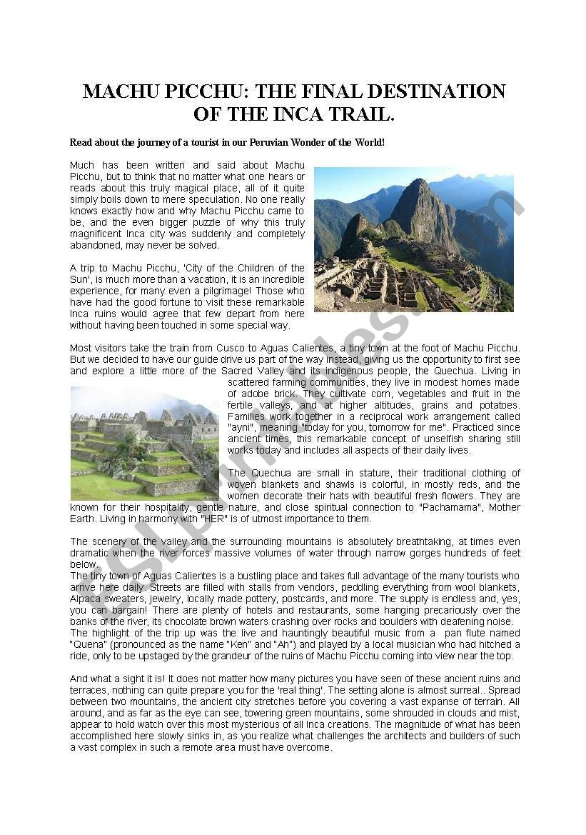 Inca Reading Comprehension Worksheets