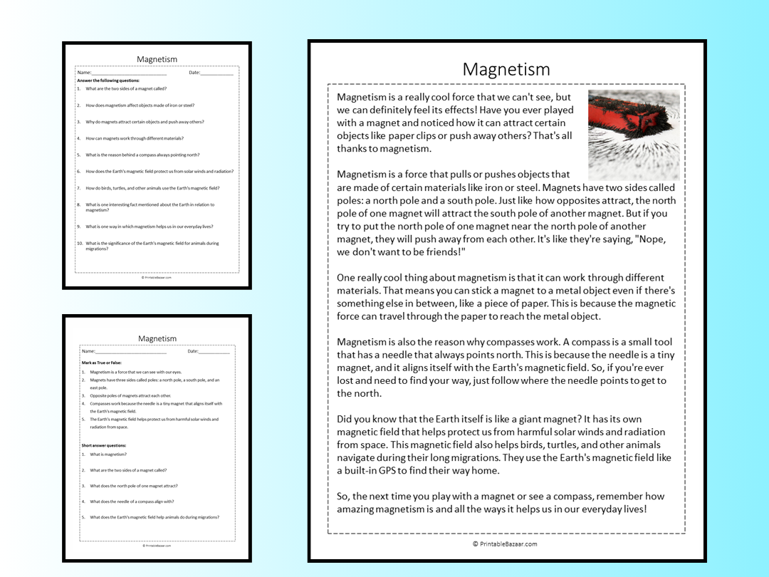 Magnetism Reading Comprehension Passage Printable Worksheet Teaching Resources