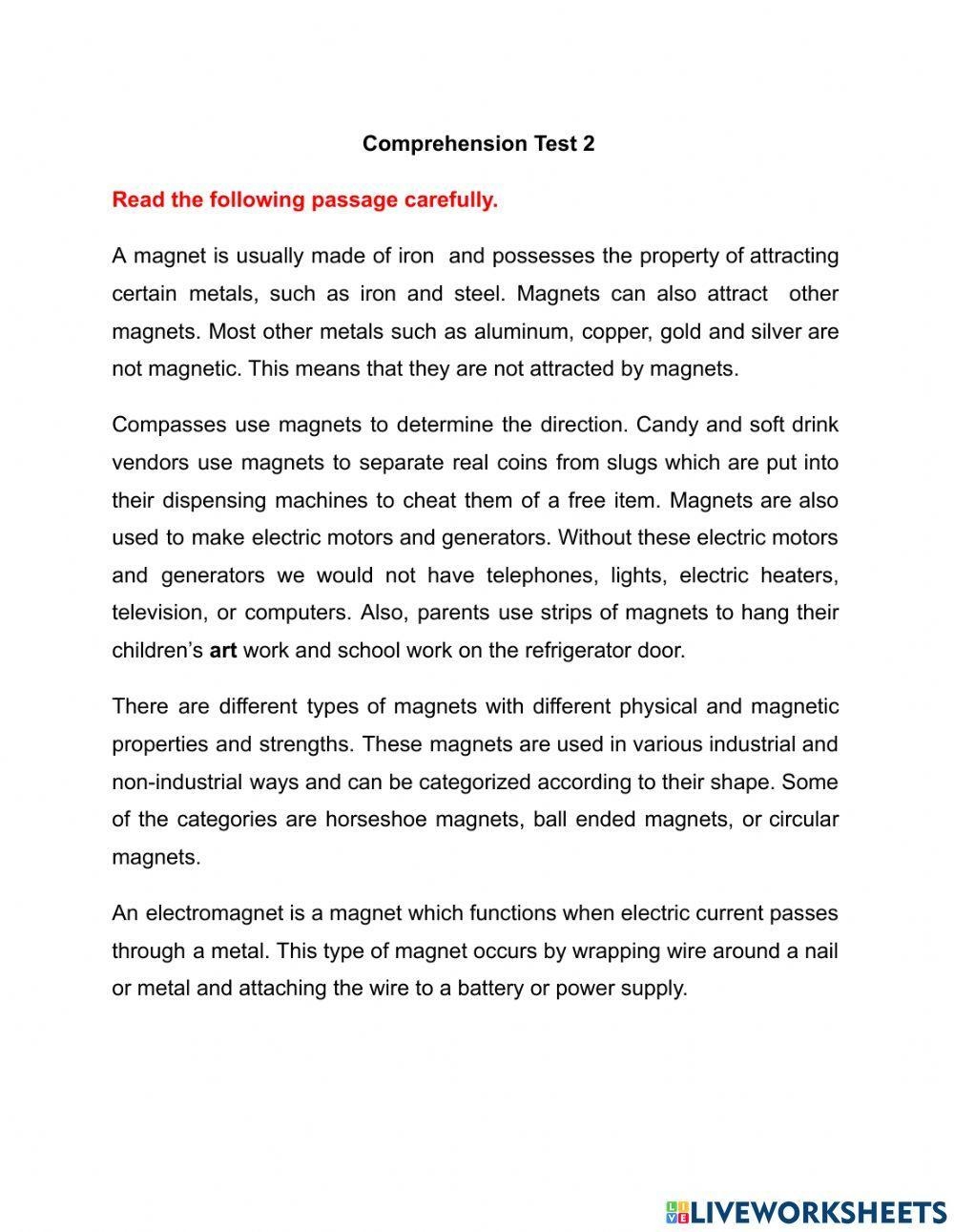Magnet Reading Comprehension Worksheets
