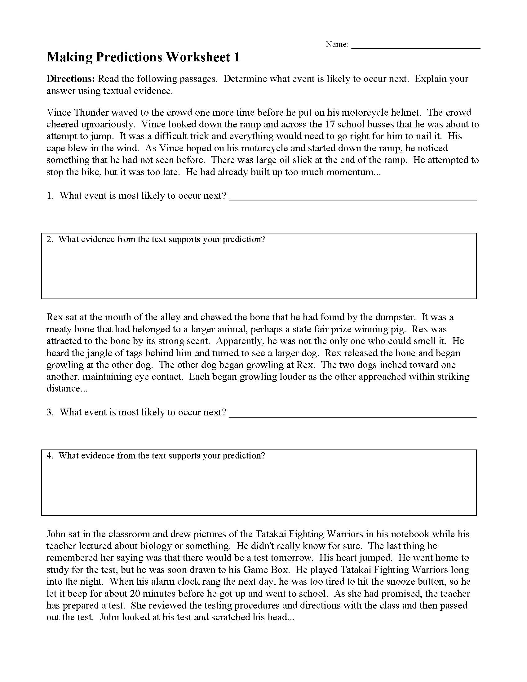 Making Predictions Worksheet 1 Reading Activity