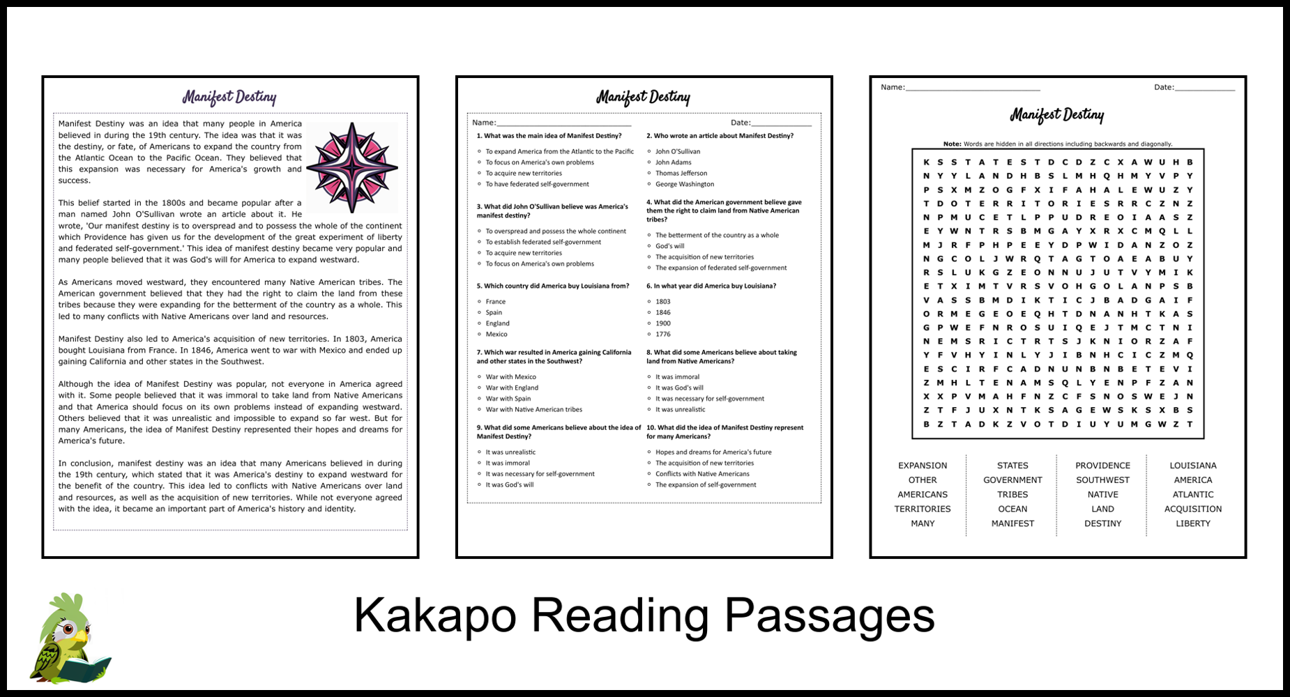 Manifest Destiny Reading Comprehension And Word Search Teaching Resources