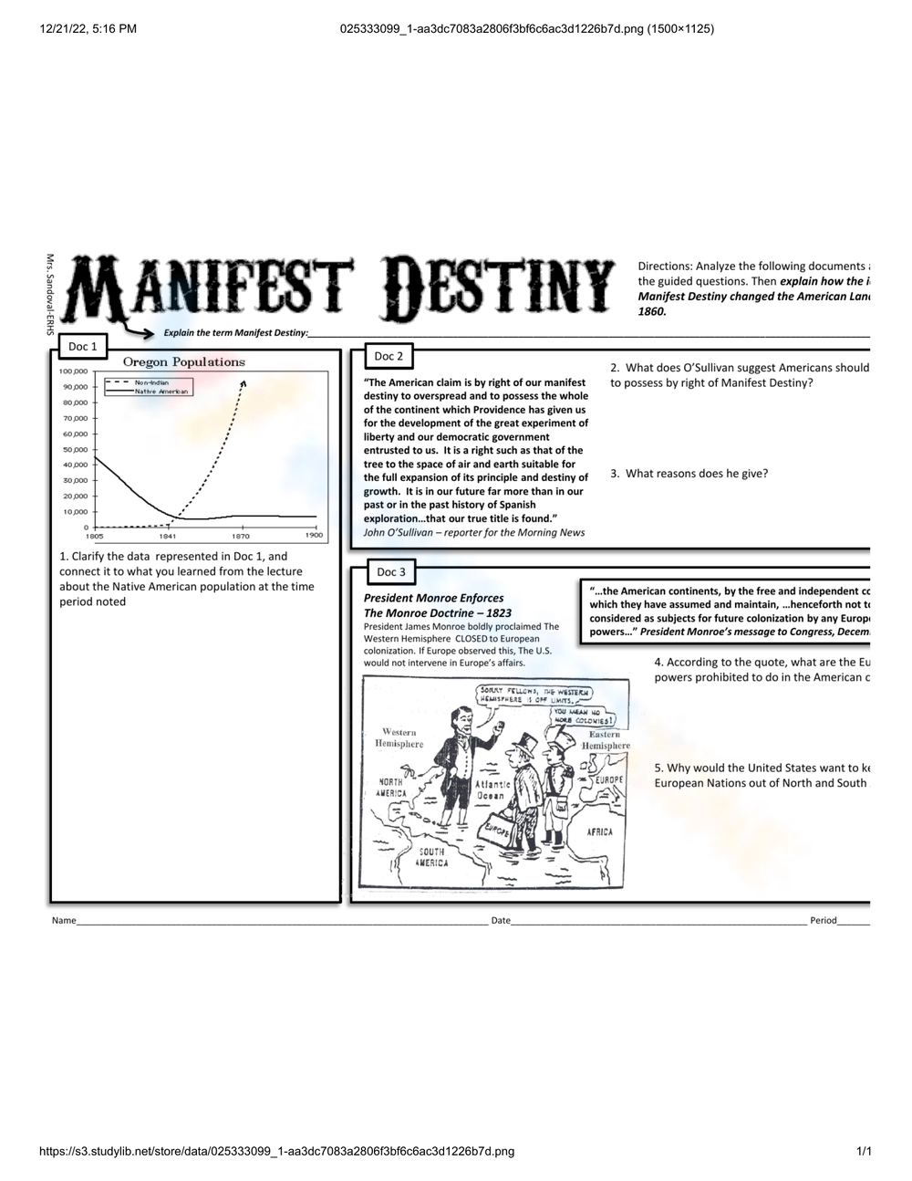 Manifest Destiny Reading Comprehension Worksheet