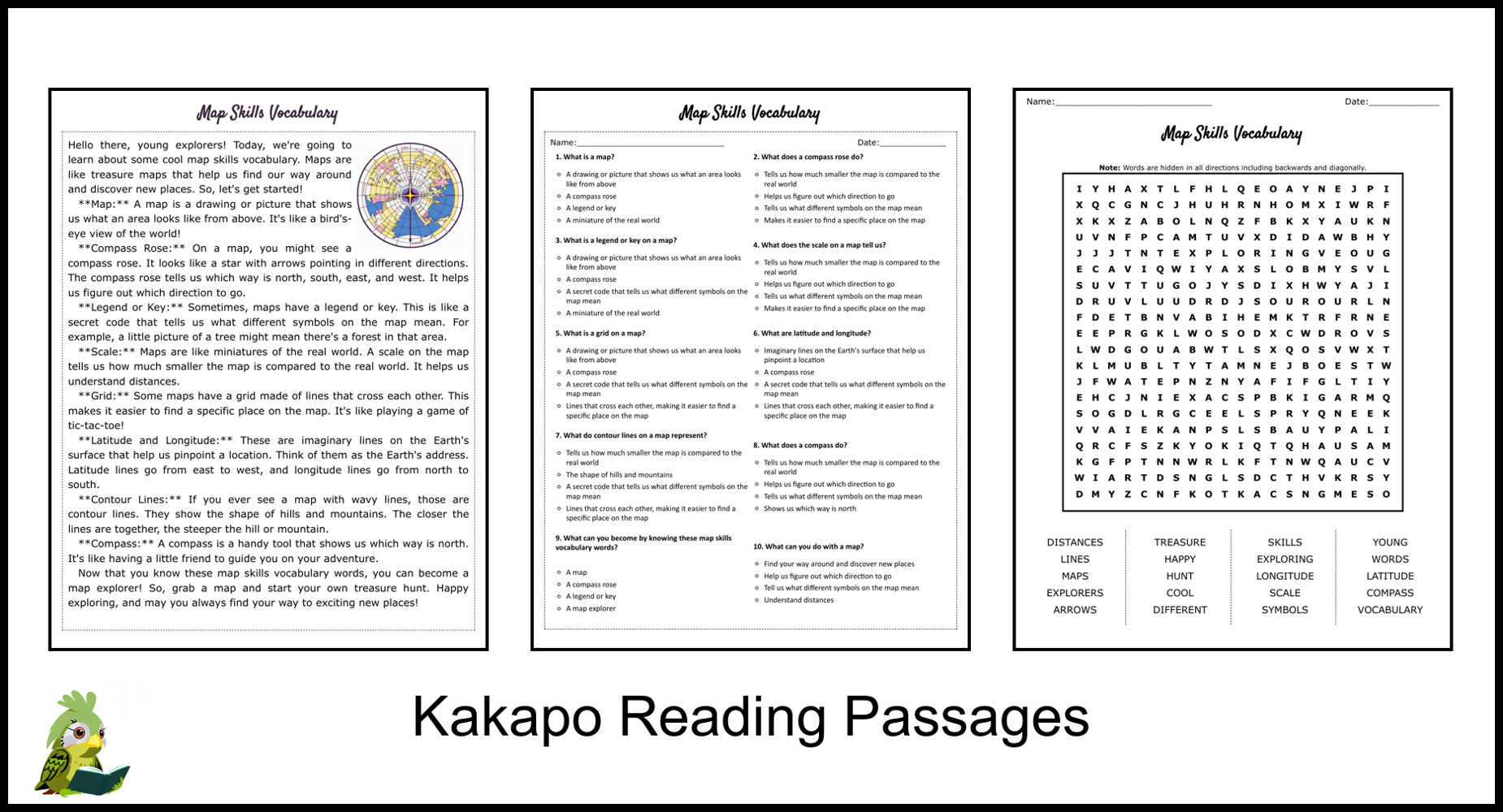 Map Skills Vocabulary Reading Comprehension And Word Search Teaching Resources