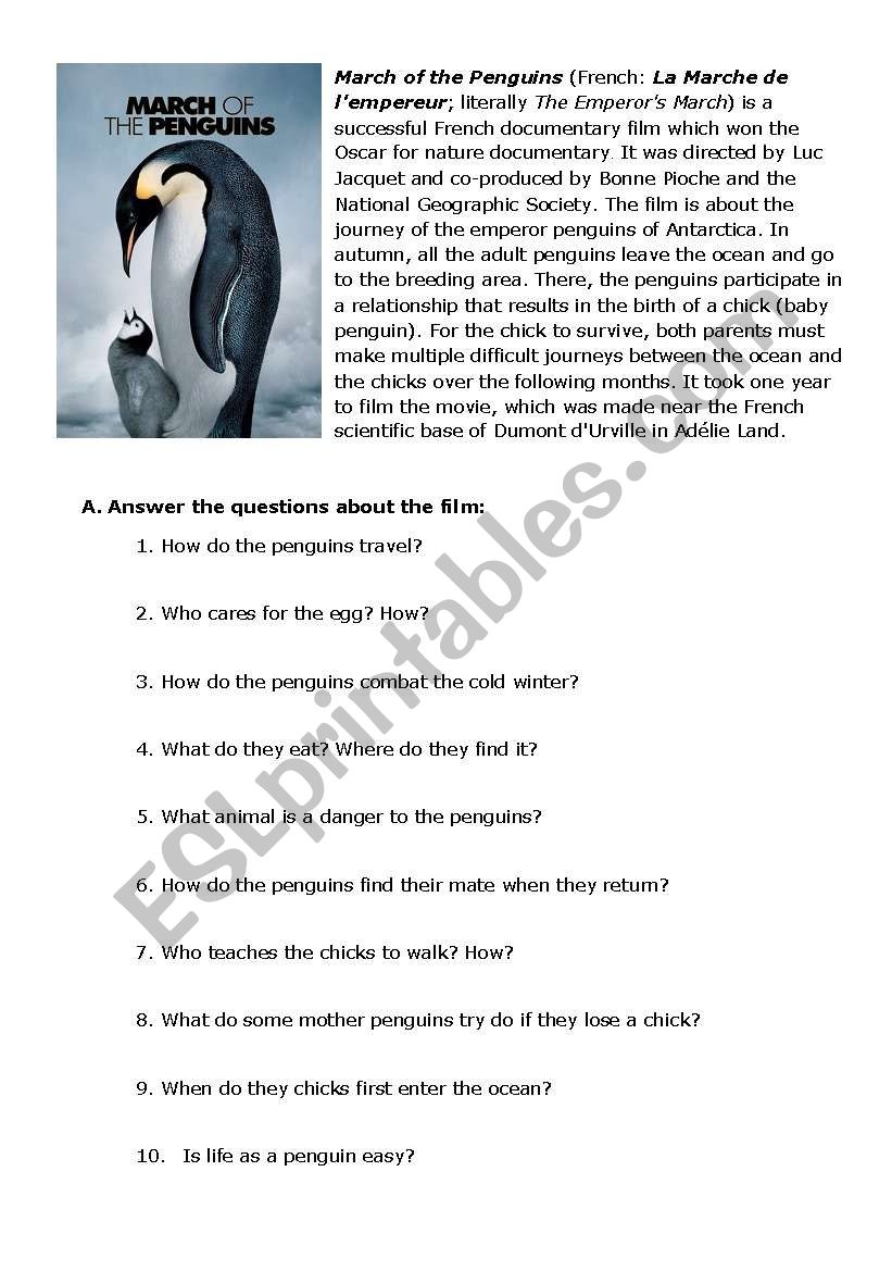 March Of The Penguins ESL Worksheet By Lampshade212