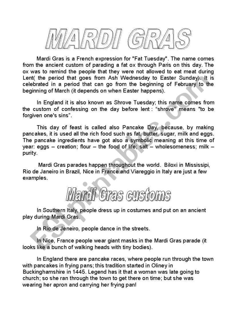 Mardi Gras ESL Worksheet By Nicola
