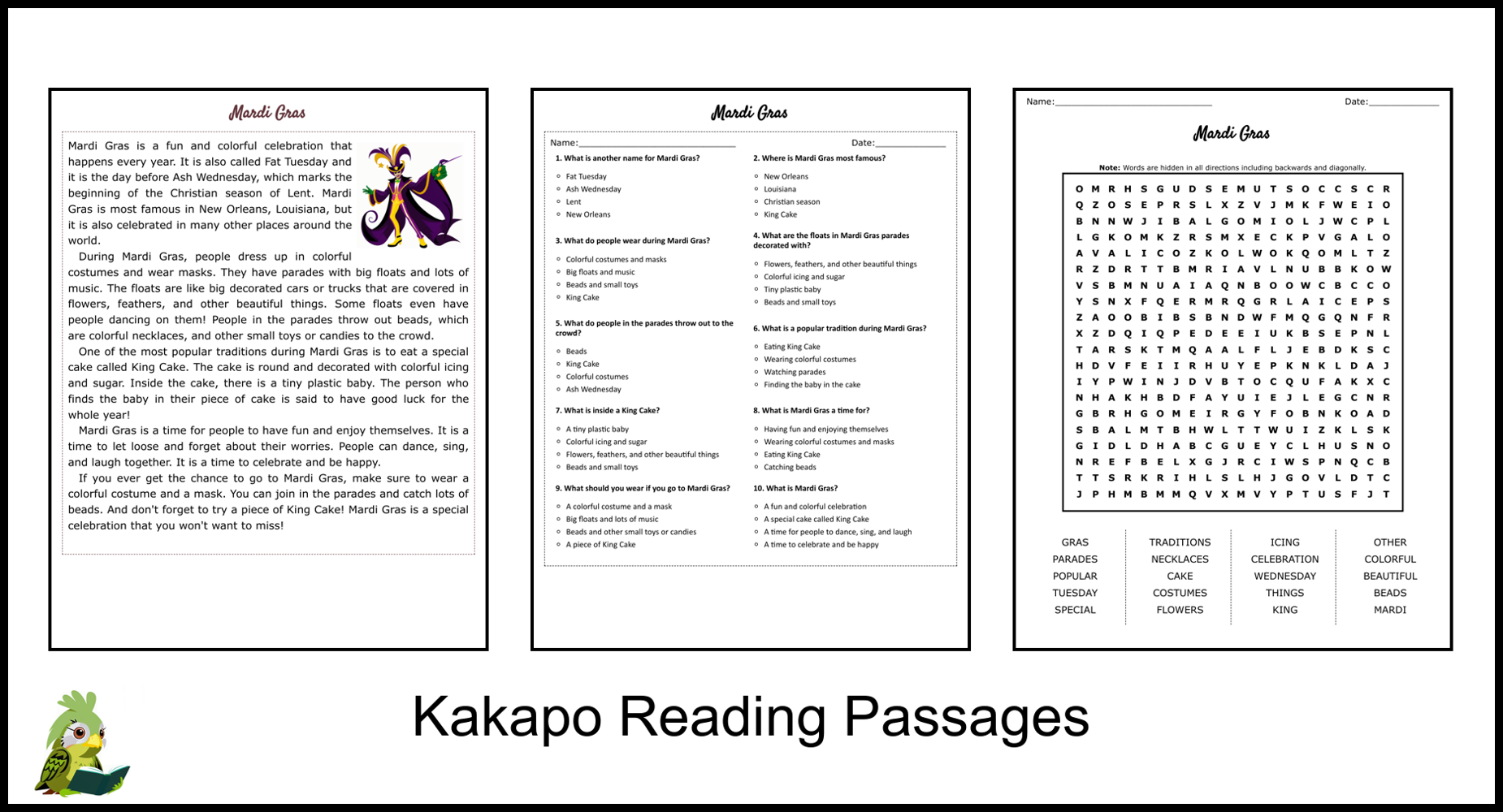 Mardi Gras Reading Comprehension Worksheet