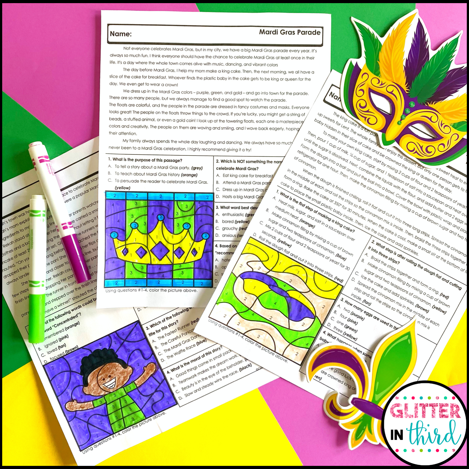 Mardi Gras Reading Comprehension Color By Number Worksheets Glitter In Third