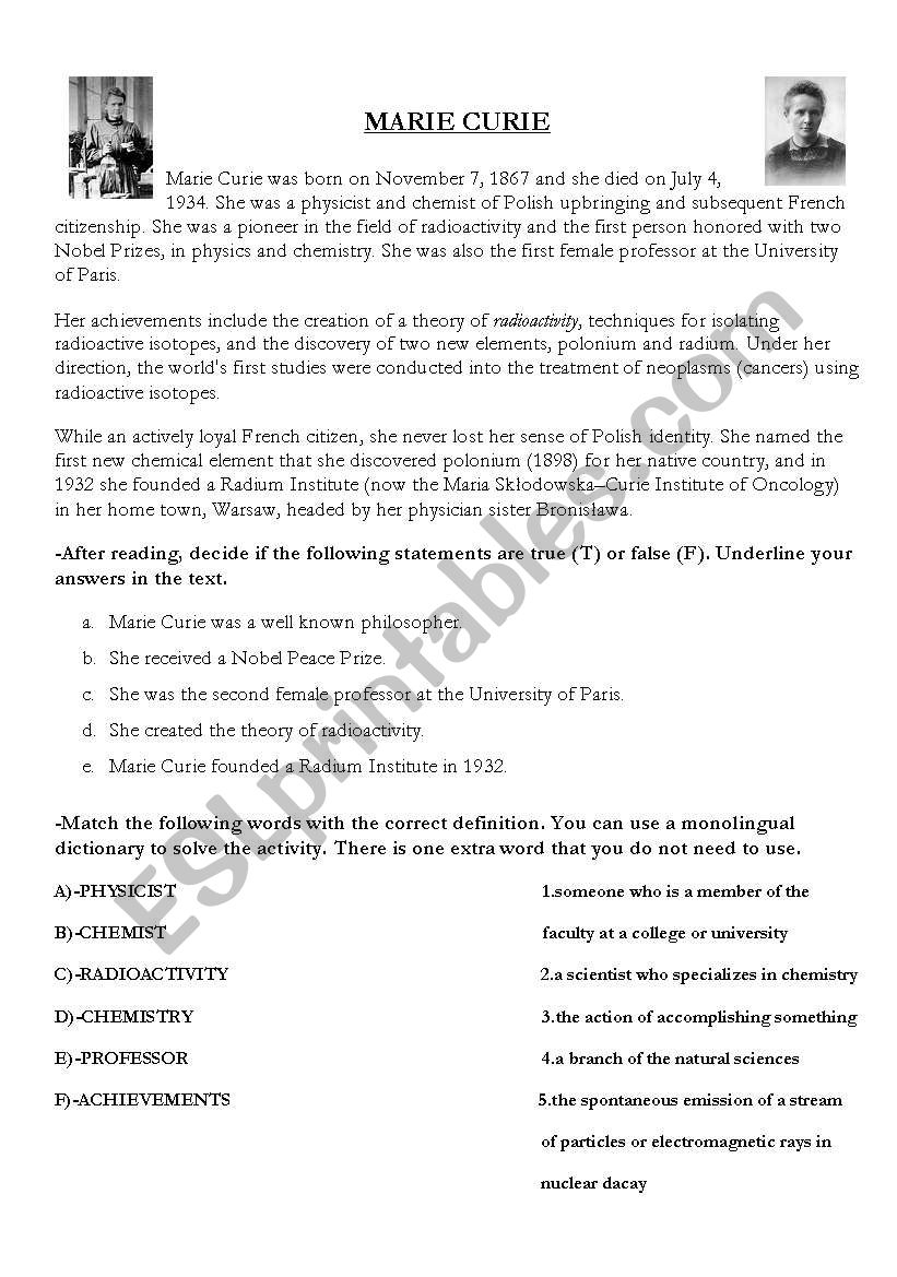 Famous Chemist Reading Comprehension Worksheets