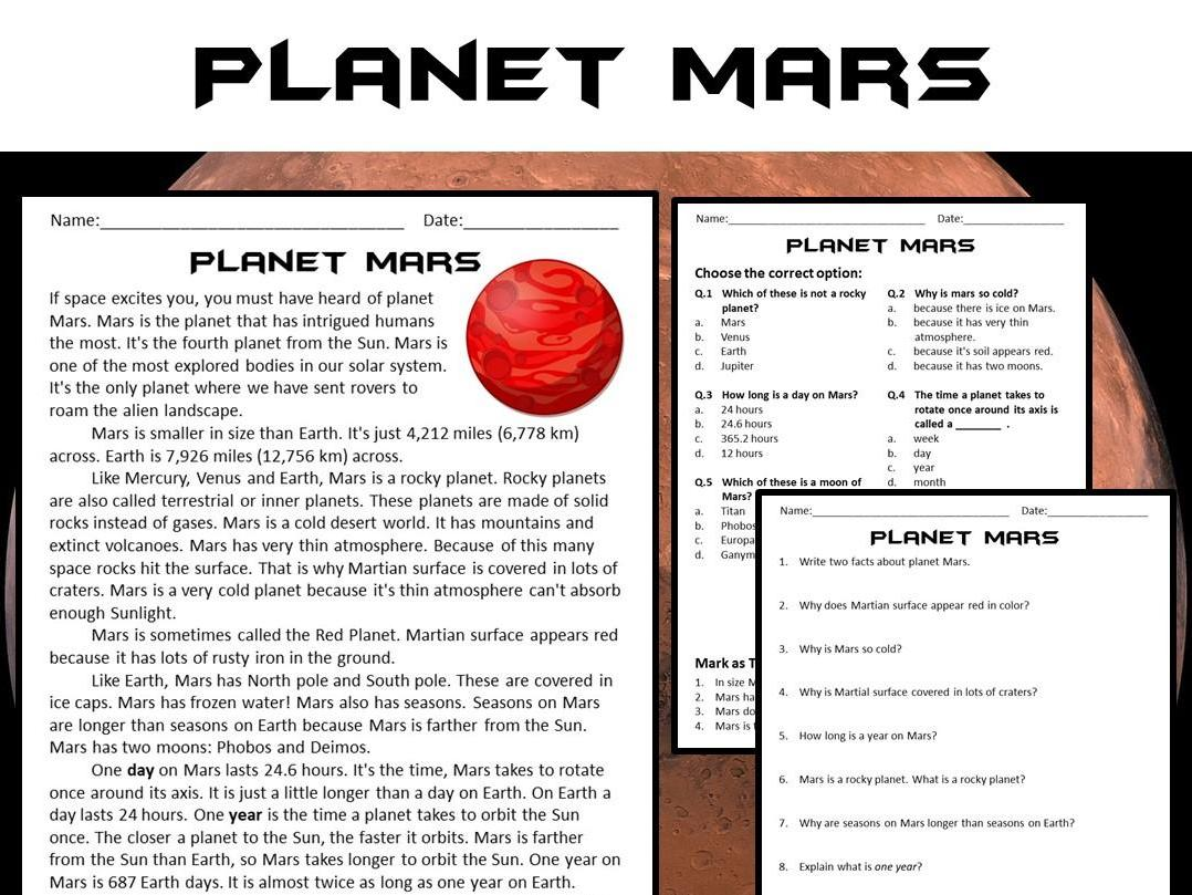 Mars Reading Comprehension Passage And Questions PDF Teaching 