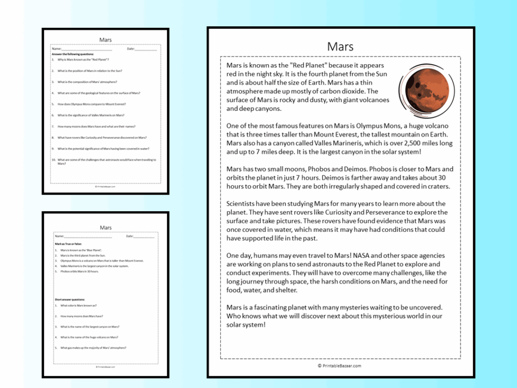Mars Reading Comprehension Worksheet - Reading Comprehension Worksheets