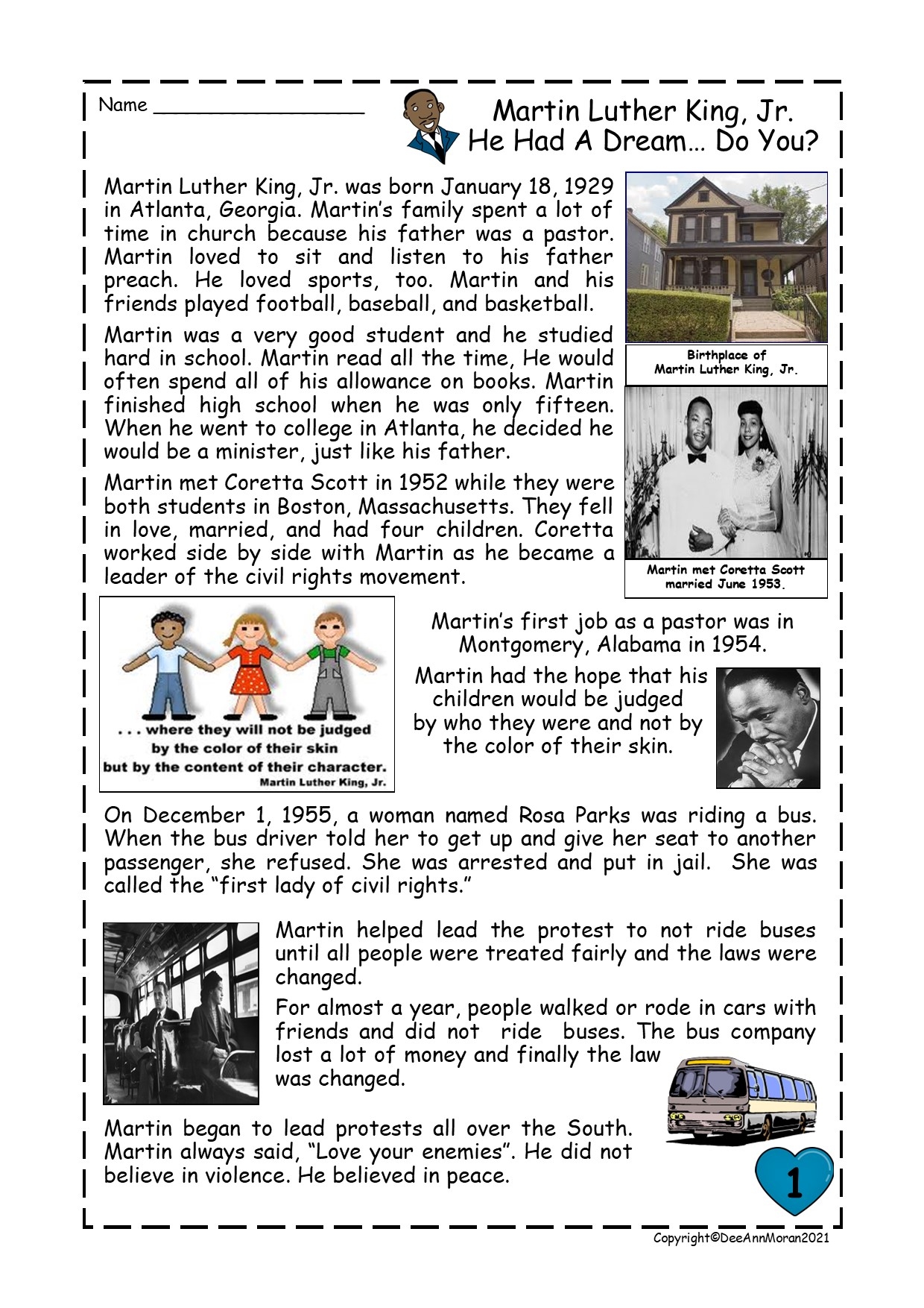 Martin Luther King Jr Reading Comprehension Passage Made By Teachers