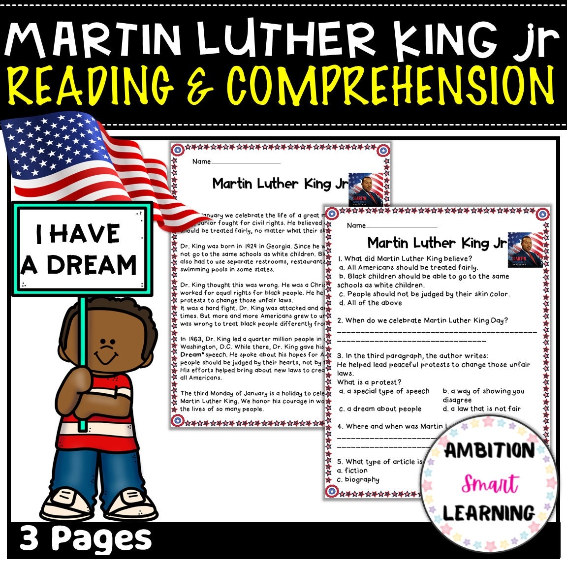 Martin Luther King Jr Reading Passages MLK Day Activities Martin Luther King Worksheet Writing Activities Printable Worksheets Etsy