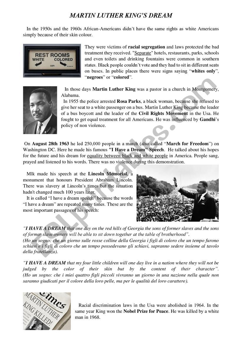 MARTIN LUTHER KING reading Comprehension ESL Worksheet By Romanom