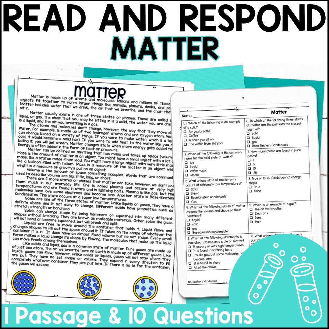 Matter Reading Comprehension Google Forms Science Centers A 
