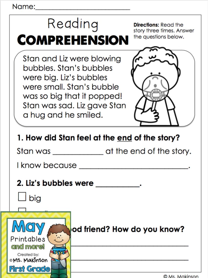 1st Grade Reading Comprehension Worksheets Printable